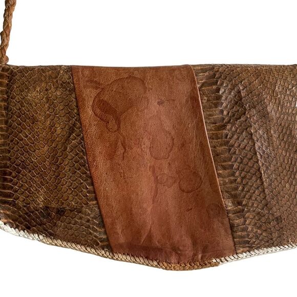 Vintage Handmade Brown Leather Snakeskin Shoulder Crossbody Clutch Purse Bag - Picture 5 of 14